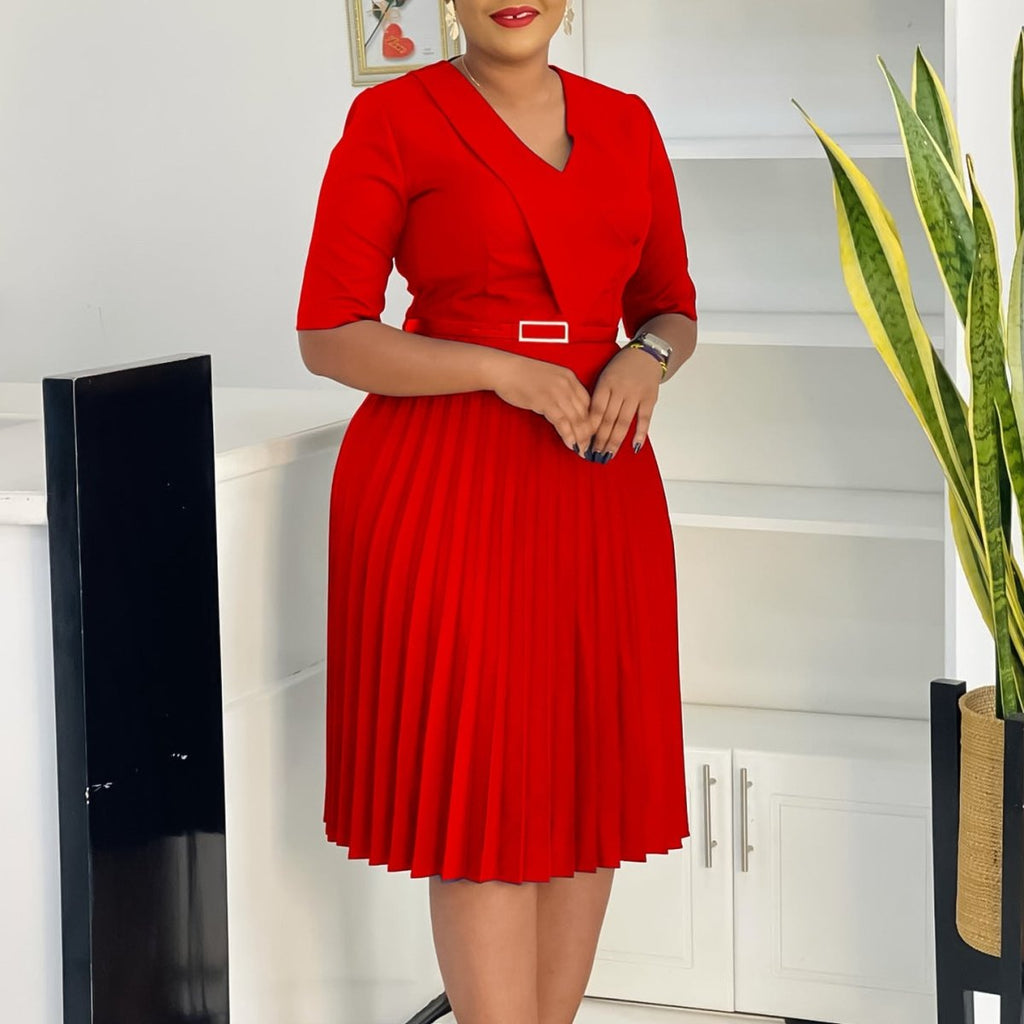 Plus Size Elegant V - Neck Pleated Dress: Solid Color Chic Style - Sixin1