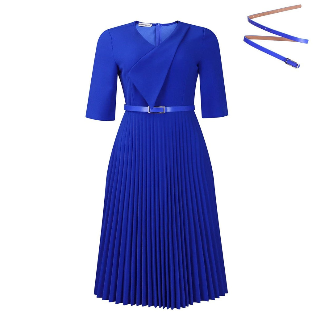 Plus Size Elegant V - Neck Pleated Dress: Solid Color Chic Style - Sixin1