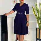Plus Size Elegant V - Neck Pleated Dress: Solid Color Chic Style - Sixin1