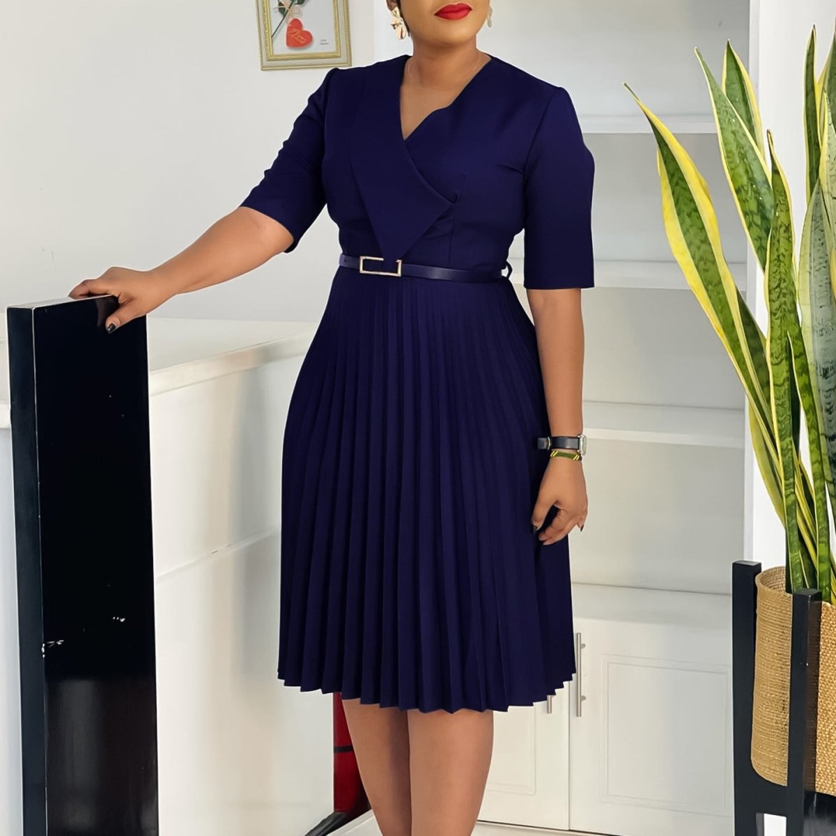 Plus Size Elegant V - Neck Pleated Dress: Solid Color Chic Style - Sixin1