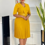 Plus Size Elegant V - Neck Pleated Dress: Solid Color Chic Style - Sixin1