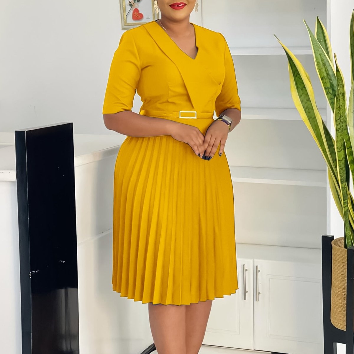 Plus Size Elegant V - Neck Pleated Dress: Solid Color Chic Style - Sixin1