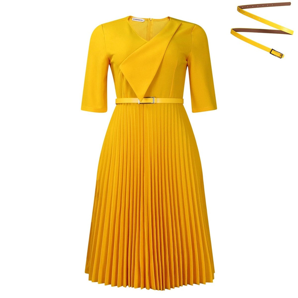 Plus Size Elegant V - Neck Pleated Dress: Solid Color Chic Style - Sixin1