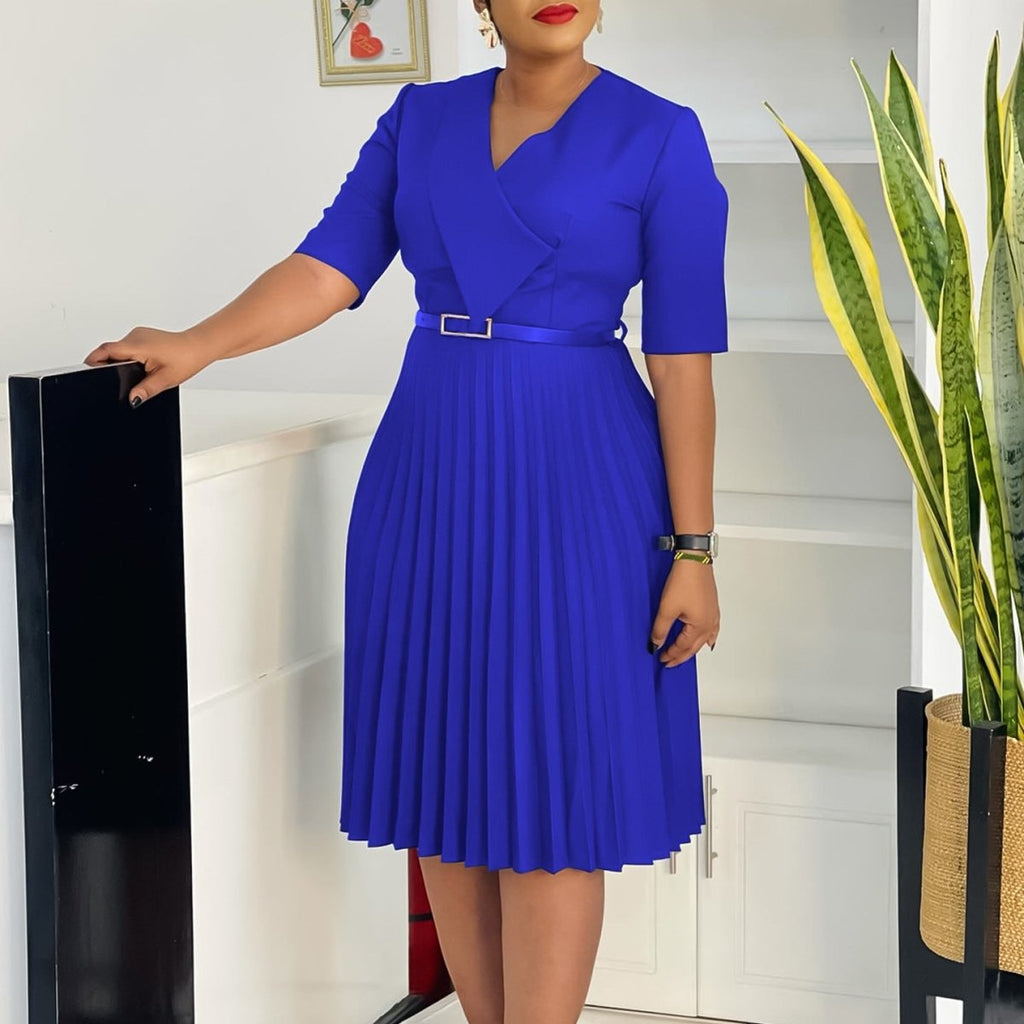 Plus Size Elegant V - Neck Pleated Dress: Solid Color Chic Style - Sixin1