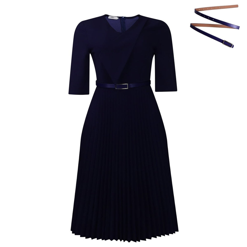 Plus Size Elegant V - Neck Pleated Dress: Solid Color Chic Style - Sixin1