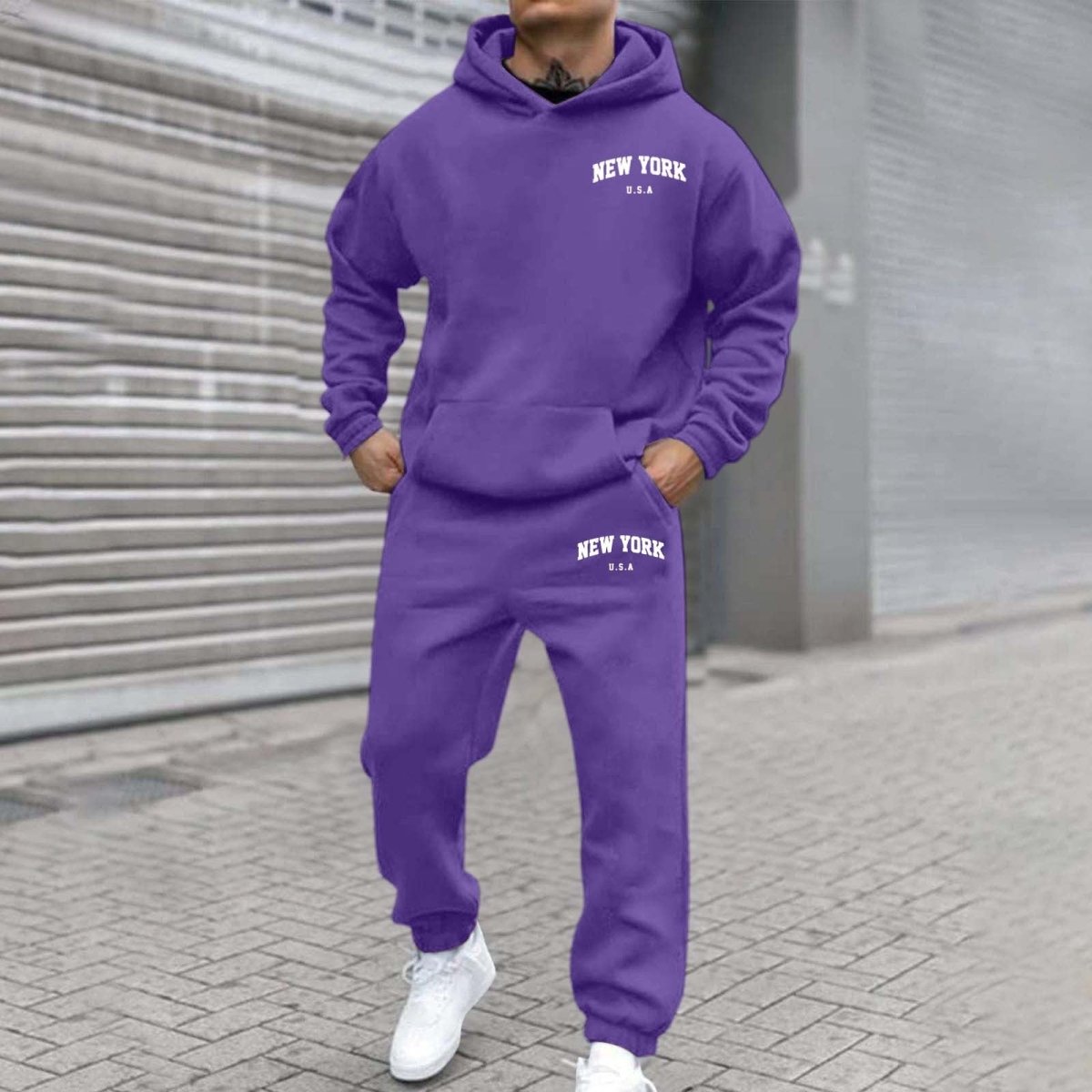Printed Hoodie Set for Men: Fleece-Lined Sweatshirt & Jogger Outfit - Sixin1