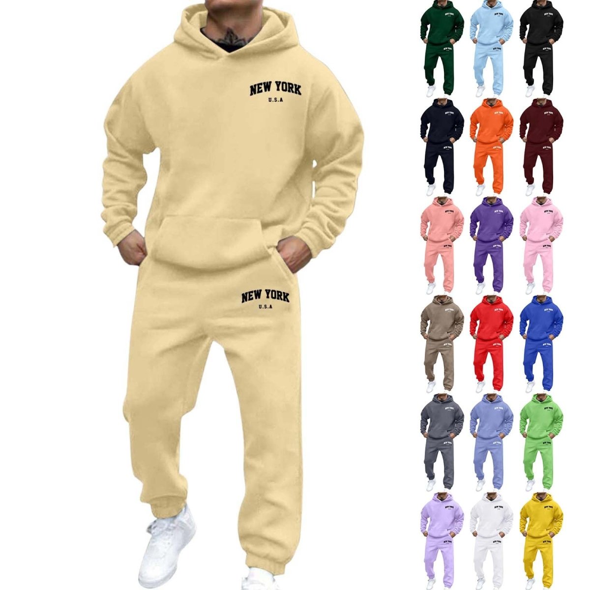 Printed Hoodie Set for Men: Fleece-Lined Sweatshirt & Jogger Outfit - Sixin1