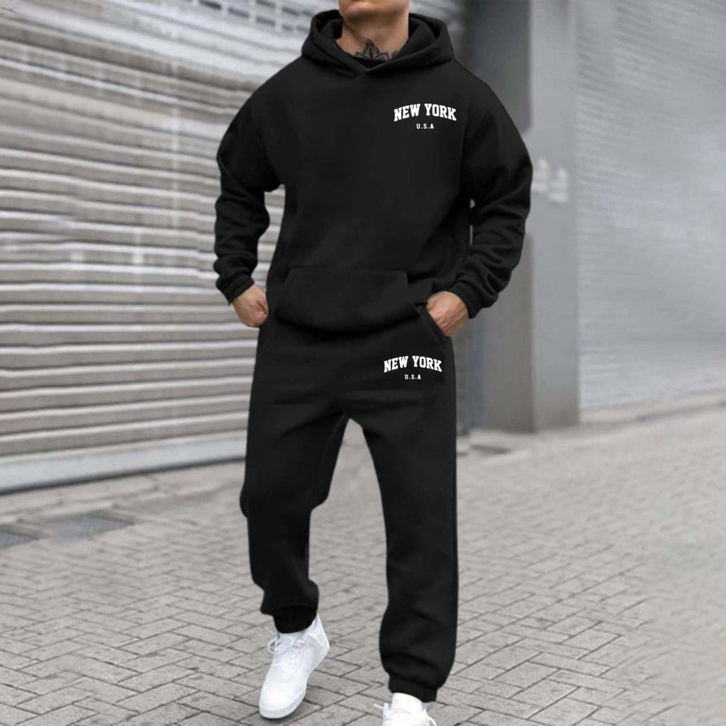 Printed Hoodie Set for Men: Fleece-Lined Sweatshirt & Jogger Outfit - Sixin1