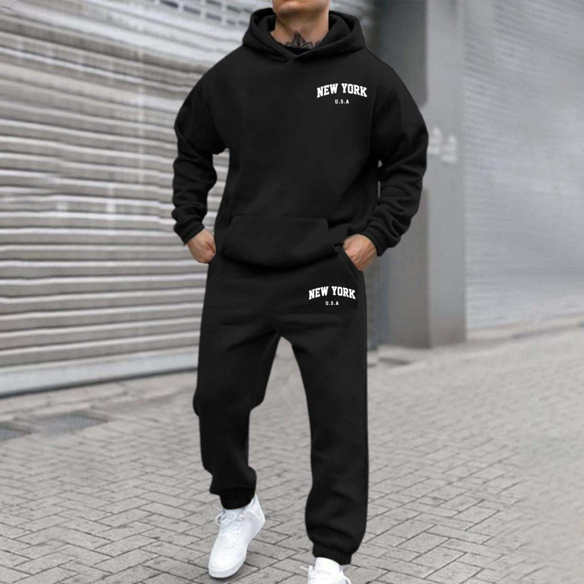 Printed Hoodie Set for Men: Fleece-Lined Sweatshirt & Jogger Outfit - Sixin1