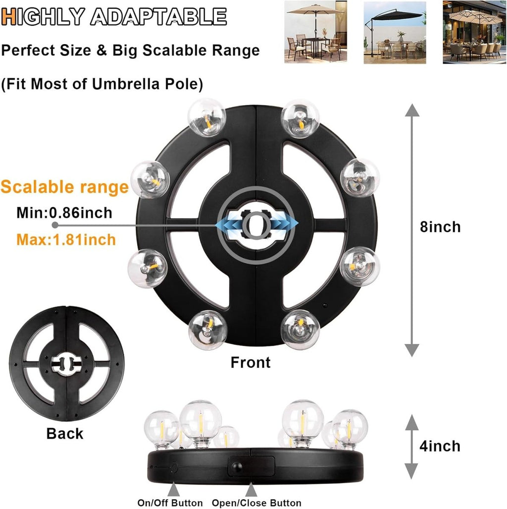Rechargeable Cordless Patio Umbrella Light – 8 LED Warm White Lights with Dimmer & Timer for Outdoor Garden, Backyard, Camping & BBQ - Sixin1