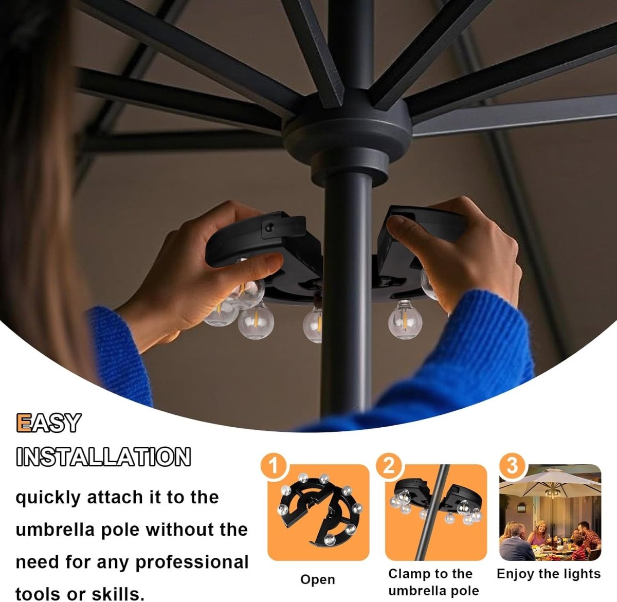 Rechargeable Cordless Patio Umbrella Light – 8 LED Warm White Lights with Dimmer & Timer for Outdoor Garden, Backyard, Camping & BBQ - Sixin1