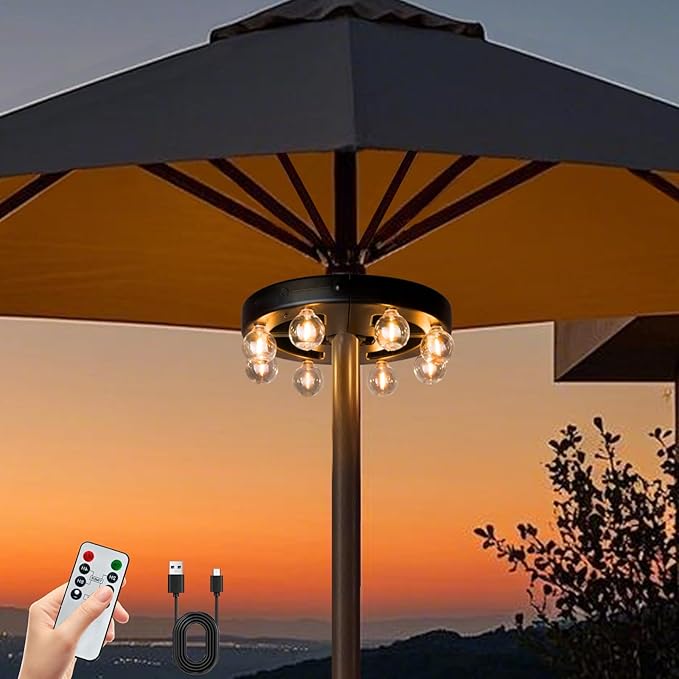 Rechargeable Cordless Patio Umbrella Light – 8 LED Warm White Lights with Dimmer & Timer for Outdoor Garden, Backyard, Camping & BBQ - Sixin1