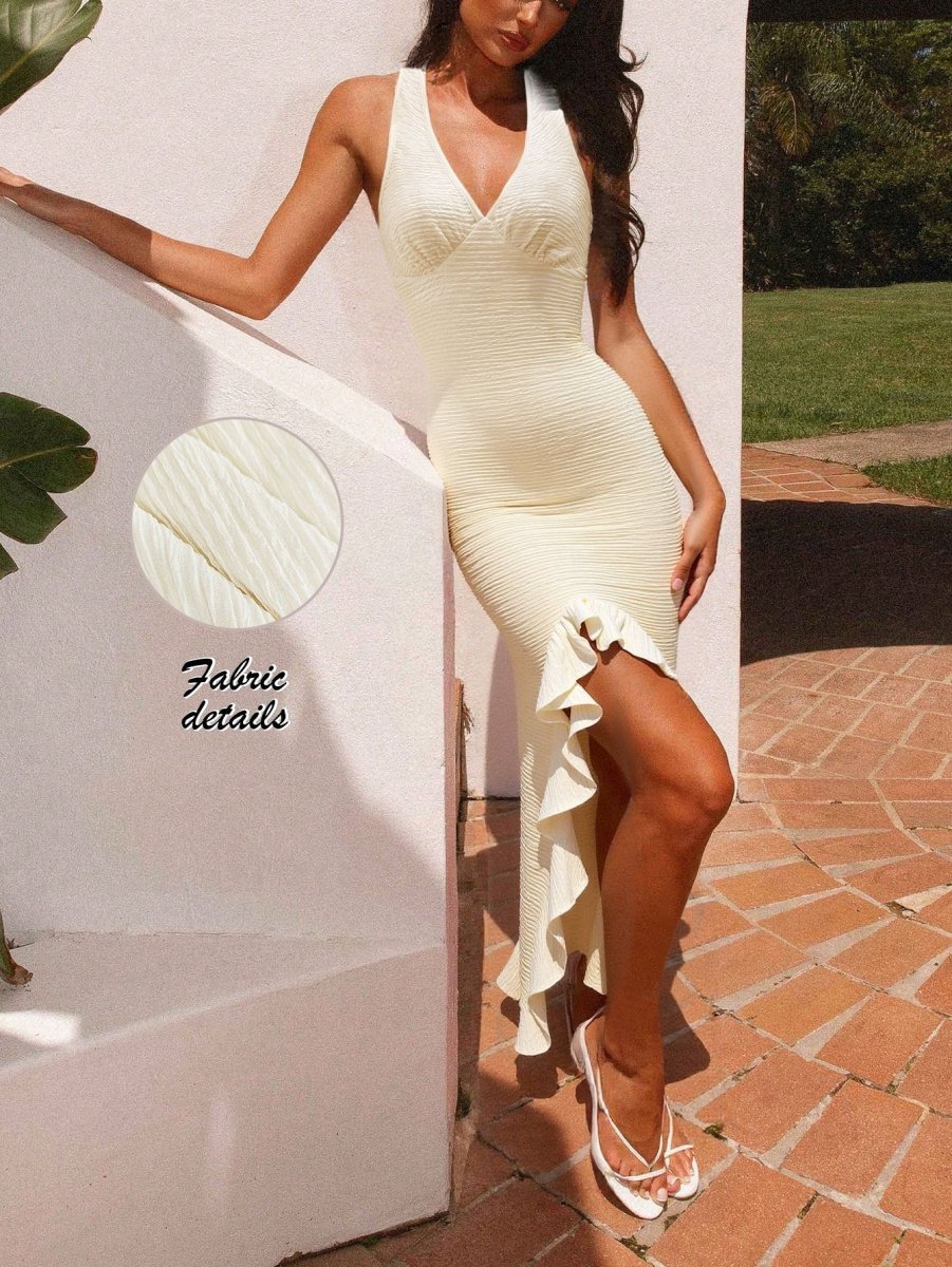 Sexy Backless Slit Dress for Women: Ruffle Detail Elegant Maxi Look - Sixin1