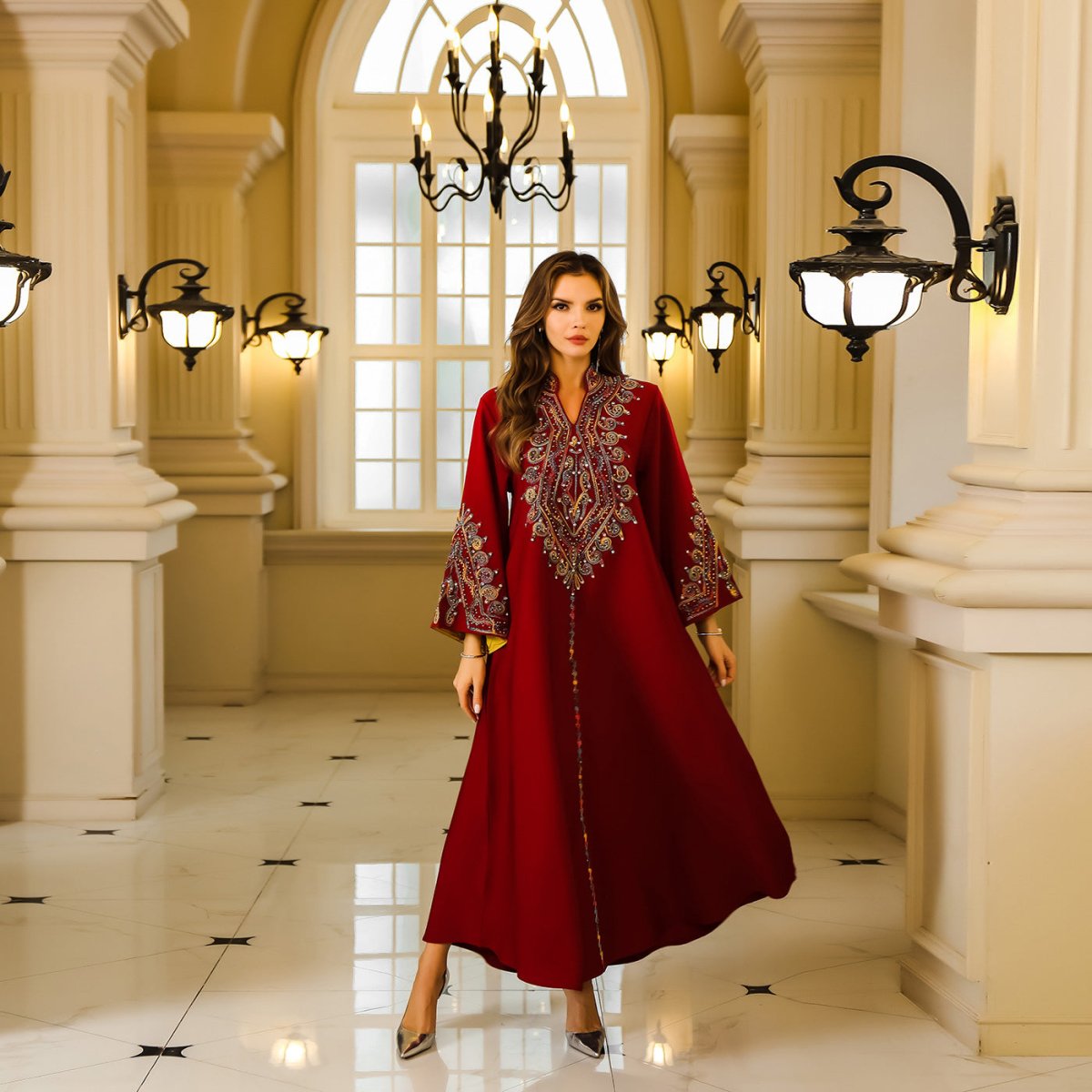 ubai Women’s Embroidered Abaya Robe: Elegant Modest Long Sleeve Maxi Dress - Sixin1