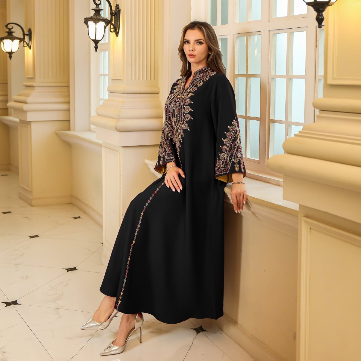 ubai Women’s Embroidered Abaya Robe: Elegant Modest Long Sleeve Maxi Dress - Sixin1