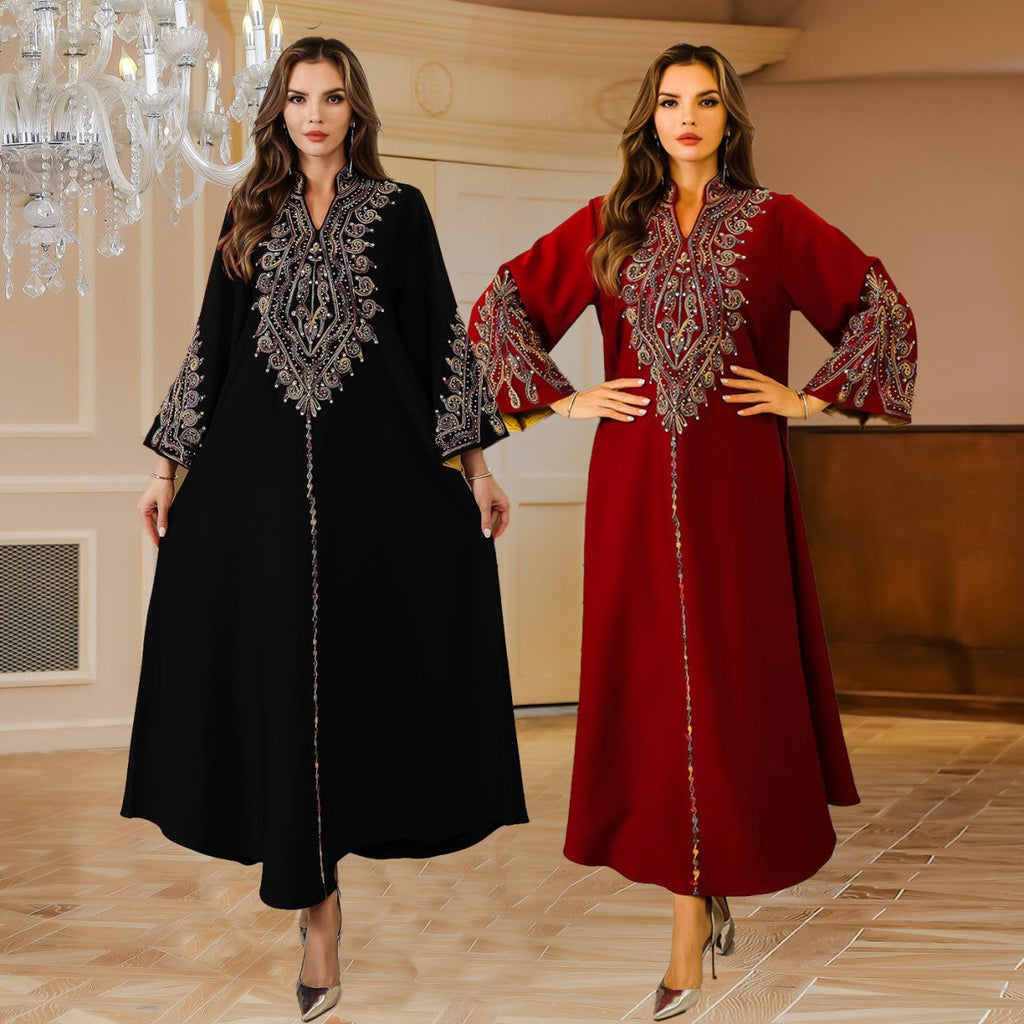 ubai Women’s Embroidered Abaya Robe: Elegant Modest Long Sleeve Maxi Dress - Sixin1