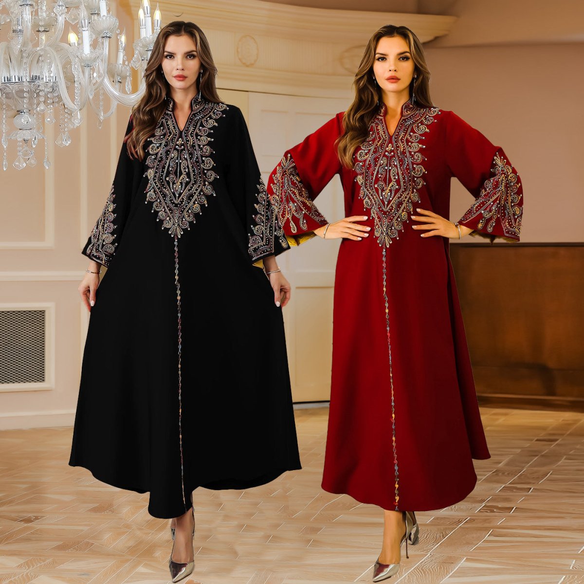 ubai Women’s Embroidered Abaya Robe: Elegant Modest Long Sleeve Maxi Dress - Sixin1