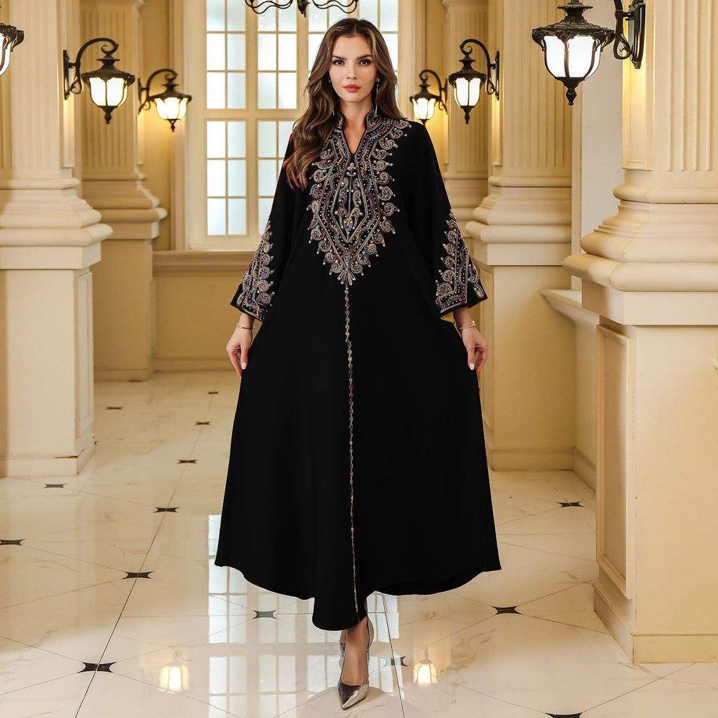 ubai Women’s Embroidered Abaya Robe: Elegant Modest Long Sleeve Maxi Dress - Sixin1