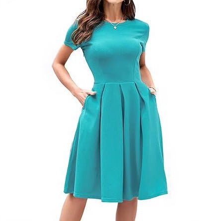 Vintage Contrast Color Midi Dress: Half Sleeve Crew Neck Slip Style - Sixin1