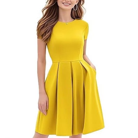Vintage Contrast Color Midi Dress: Half Sleeve Crew Neck Slip Style - Sixin1