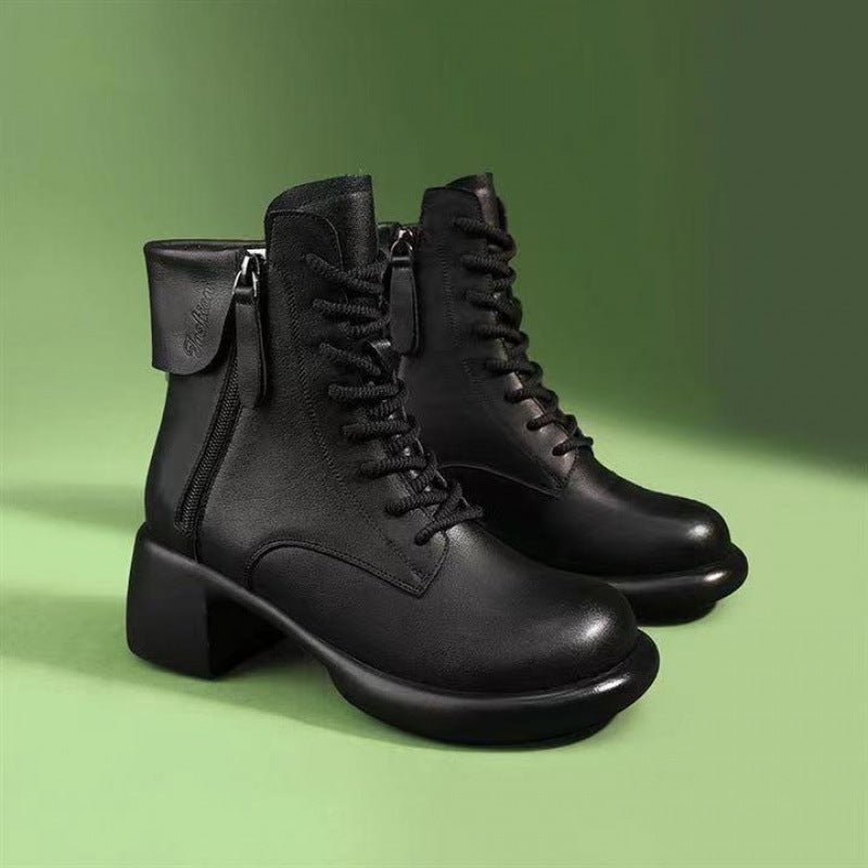 Womens Autumn Chunky - Soled Fashionable All - Match Vintage Leather Boots - Sixin1