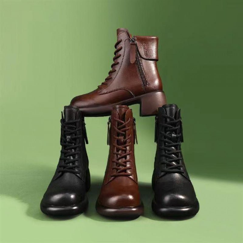 Womens Autumn Chunky - Soled Fashionable All - Match Vintage Leather Boots - Sixin1