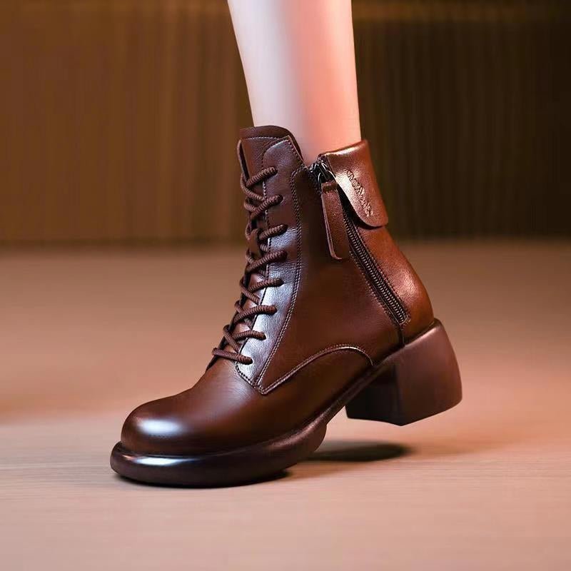 Womens Autumn Chunky - Soled Fashionable All - Match Vintage Leather Boots - Sixin1