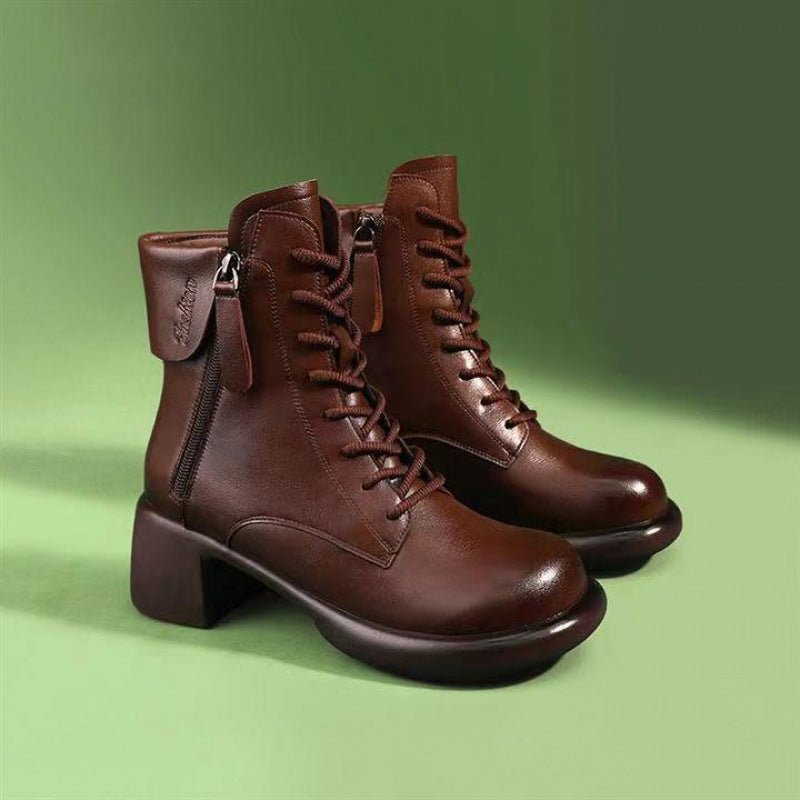 Womens Autumn Chunky - Soled Fashionable All - Match Vintage Leather Boots - Sixin1