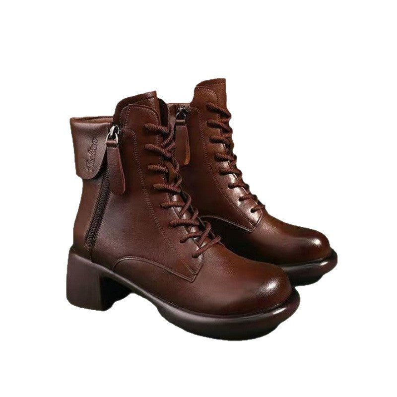 Womens Autumn Chunky - Soled Fashionable All - Match Vintage Leather Boots - Sixin1