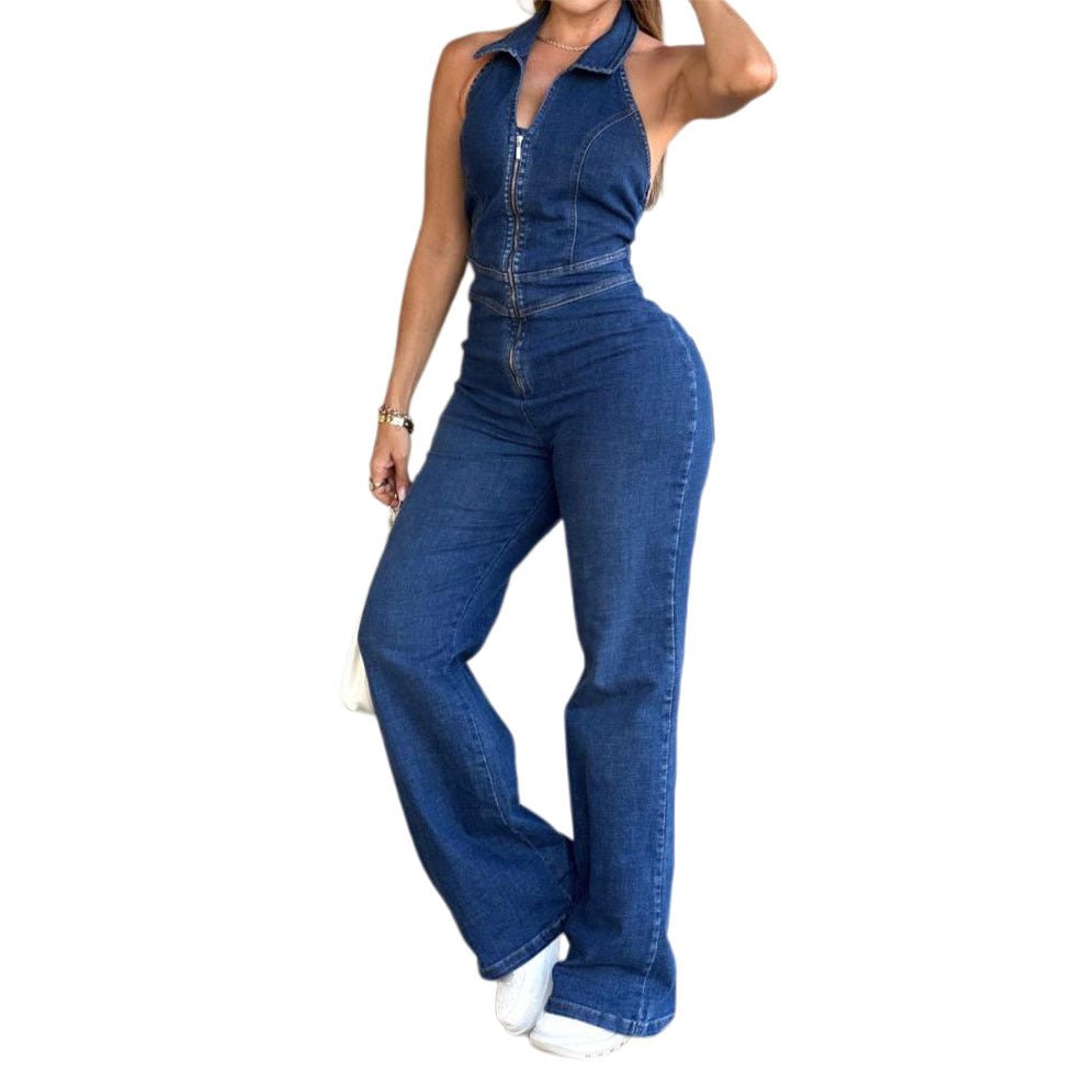 Women’s Backless Denim Jumpsuit: Sleeveless Retro Chic Style - Sixin1