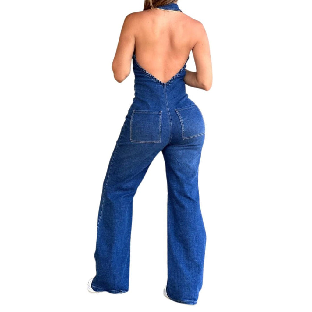 Women’s Backless Denim Jumpsuit: Sleeveless Retro Chic Style - Sixin1