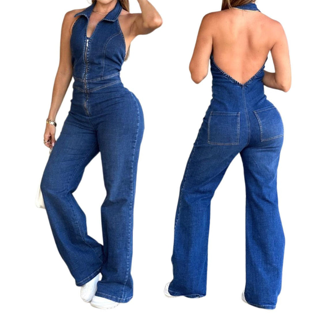 Women’s Backless Denim Jumpsuit: Sleeveless Retro Chic Style - Sixin1