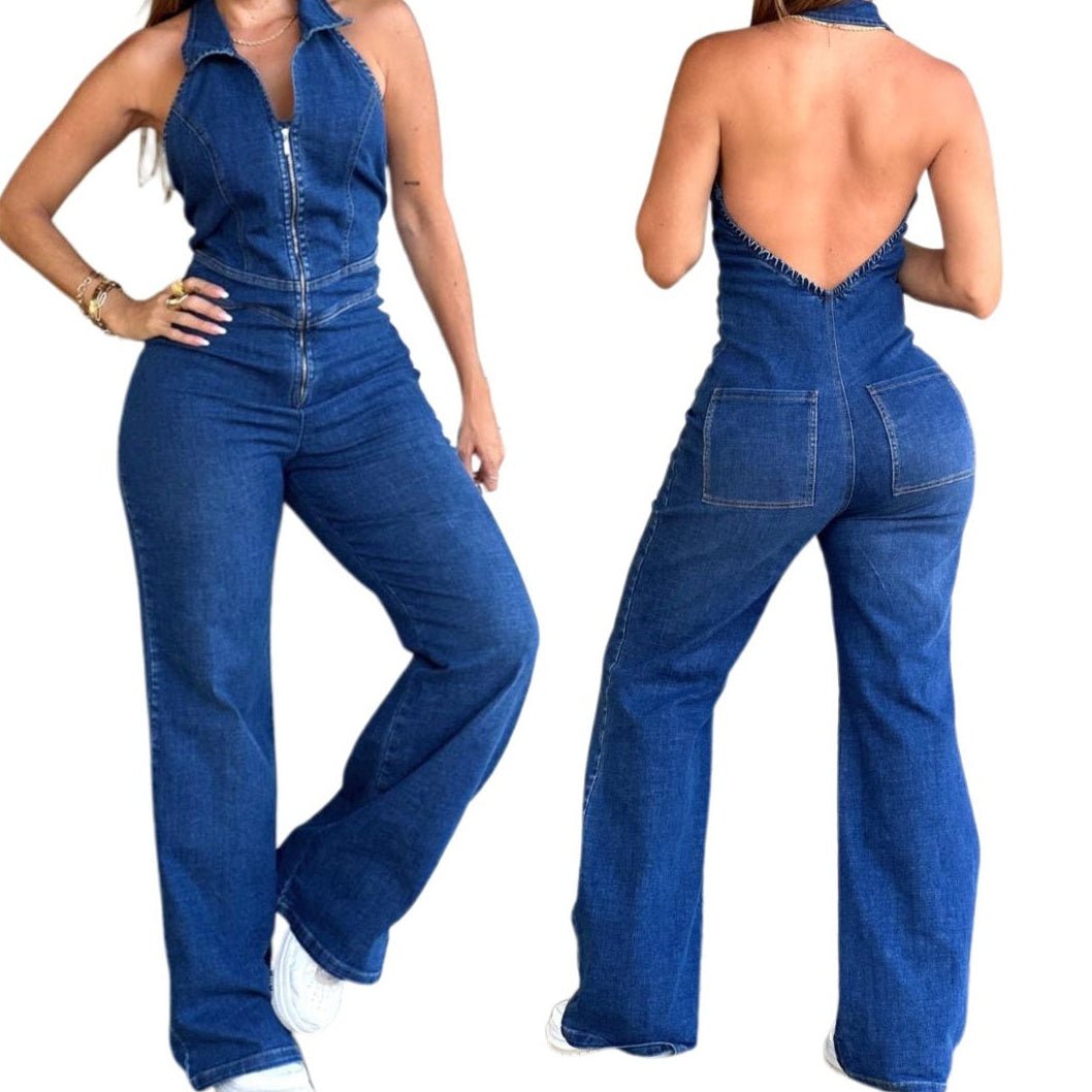Women’s Backless Denim Jumpsuit: Sleeveless Retro Chic Style - Sixin1