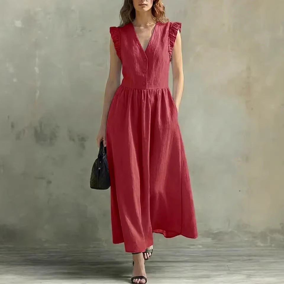 Women’s Casual V - Neck Dress: Stylish Pocket Design Everyday Outfit - Sixin1