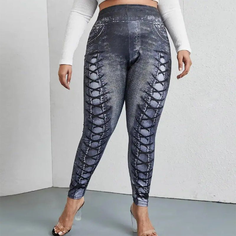 Women’s Faux Denim Print Leggings: Plus Size Casual Comfort - Sixin1