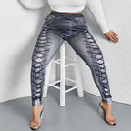 Women’s Faux Denim Print Leggings: Plus Size Casual Comfort - Sixin1