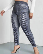 Women’s Faux Denim Print Leggings: Plus Size Casual Comfort - Sixin1