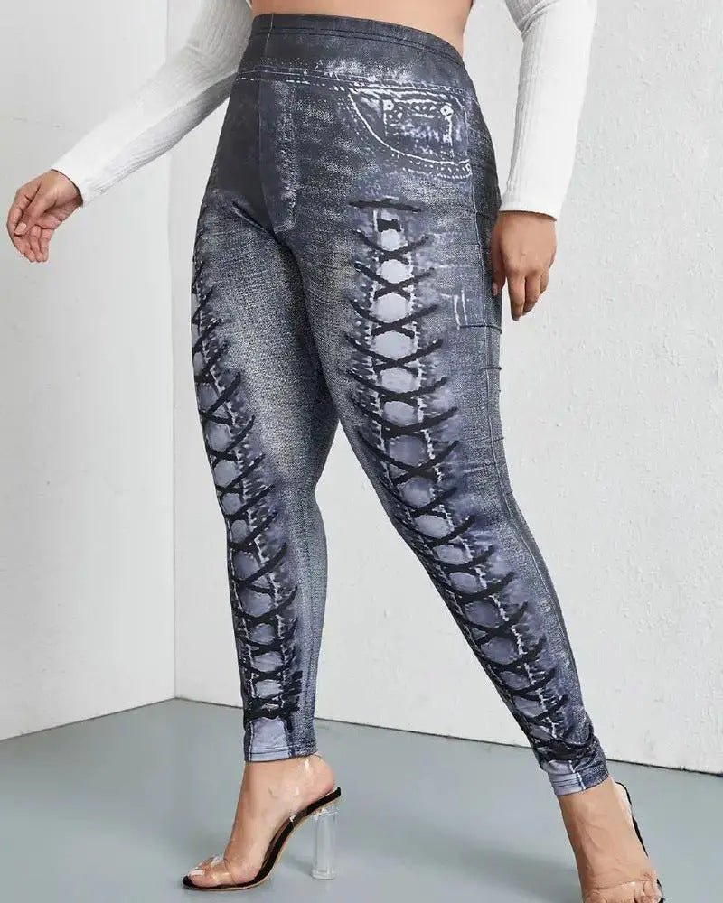 Women’s Faux Denim Print Leggings: Plus Size Casual Comfort - Sixin1