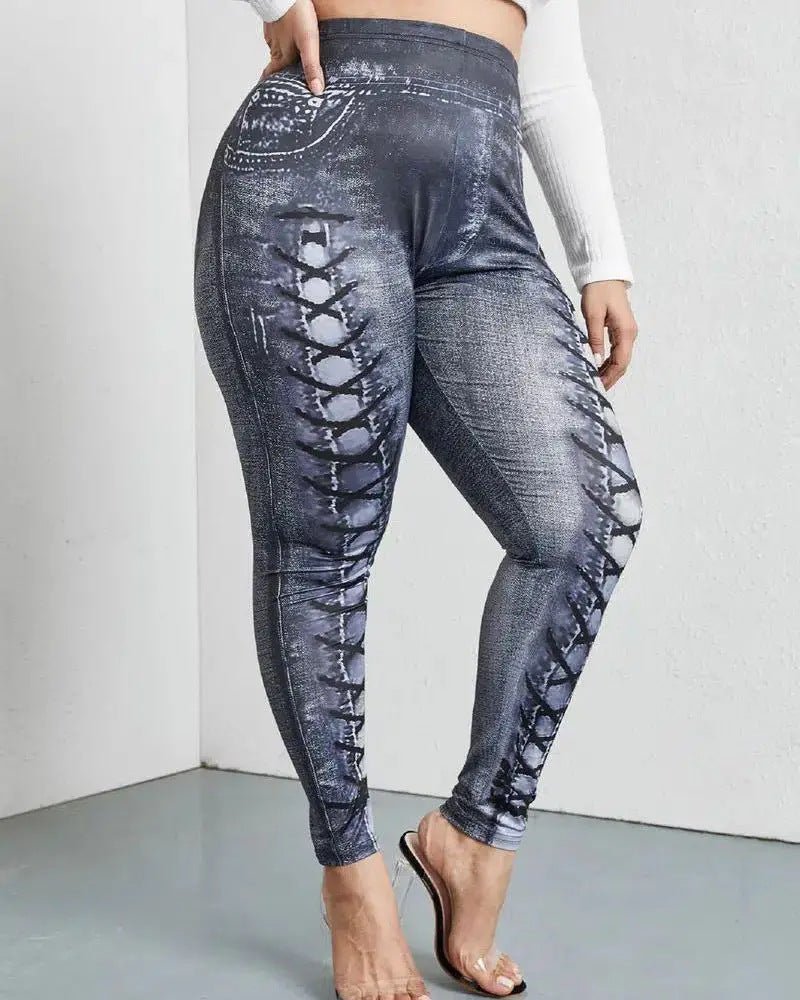 Women’s Faux Denim Print Leggings: Plus Size Casual Comfort - Sixin1