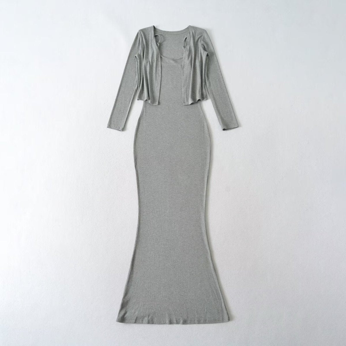 Women’s Fishtail Maxi Dress with Long Sleeve Cardigan: Elegant 2 - Piece Set - Sixin1