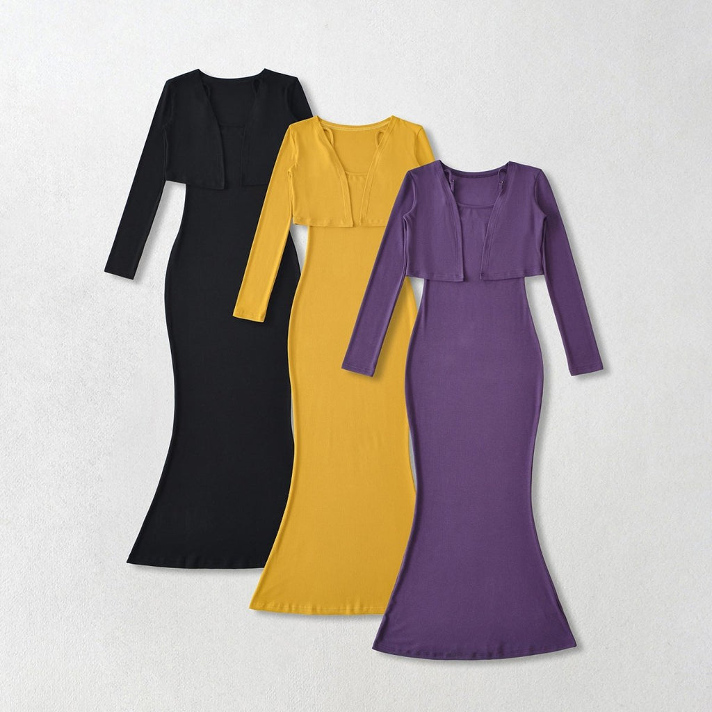 Women’s Fishtail Maxi Dress with Long Sleeve Cardigan: Elegant 2 - Piece Set - Sixin1