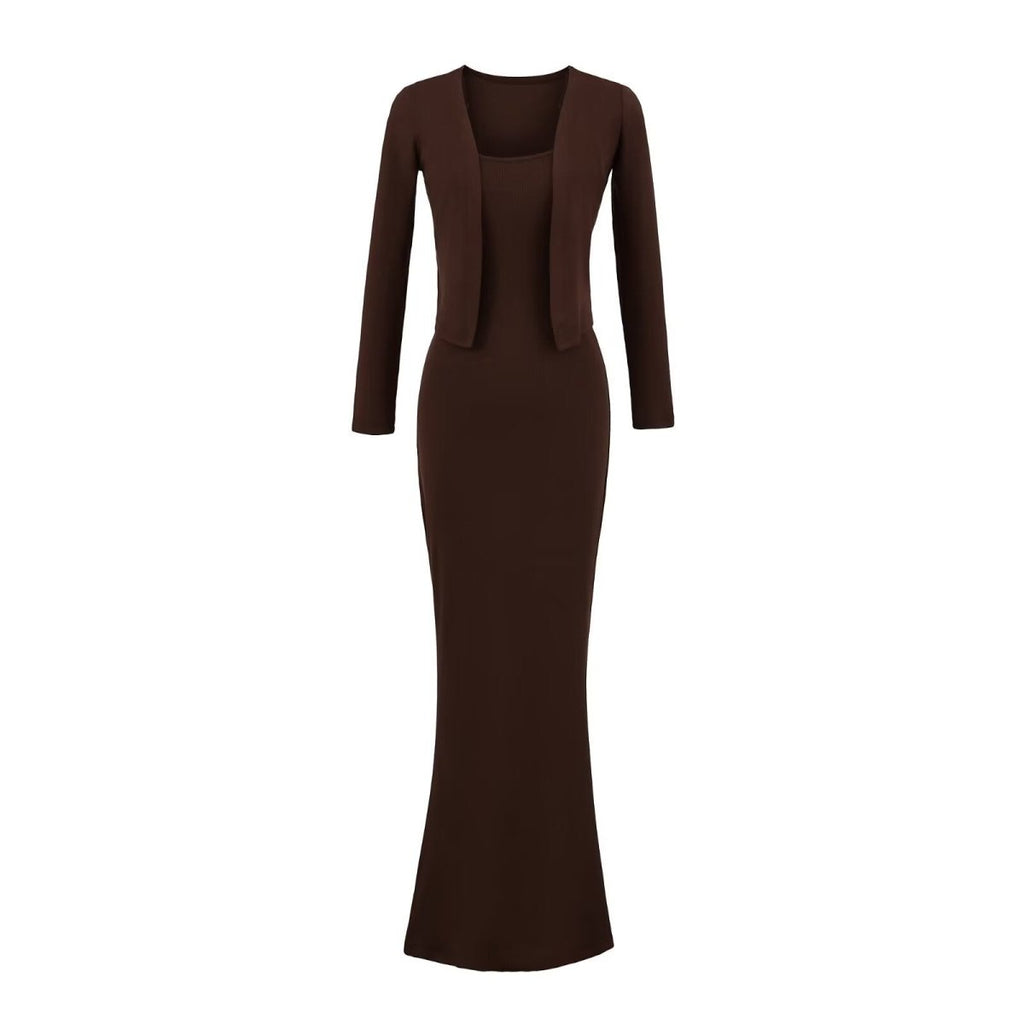 Women’s Fishtail Maxi Dress with Long Sleeve Cardigan: Elegant 2 - Piece Set - Sixin1