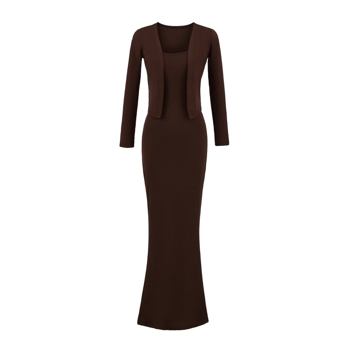 Women’s Fishtail Maxi Dress with Long Sleeve Cardigan: Elegant 2 - Piece Set - Sixin1