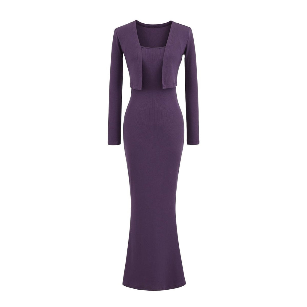 Women’s Fishtail Maxi Dress with Long Sleeve Cardigan: Elegant 2 - Piece Set - Sixin1