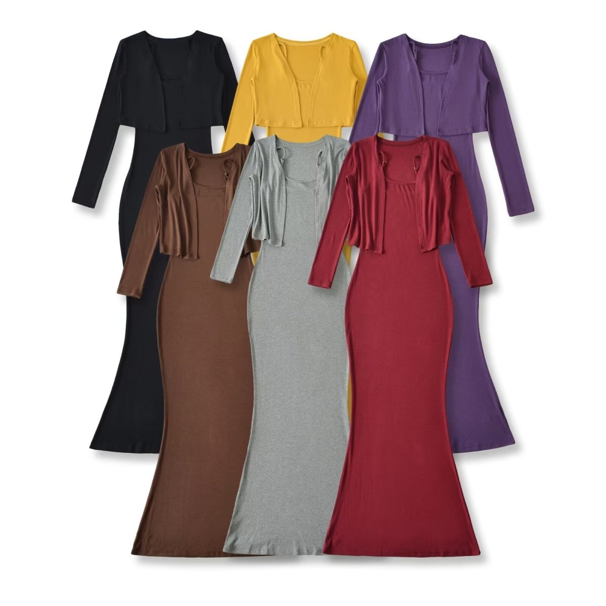 Women’s Fishtail Maxi Dress with Long Sleeve Cardigan: Elegant 2 - Piece Set - Sixin1
