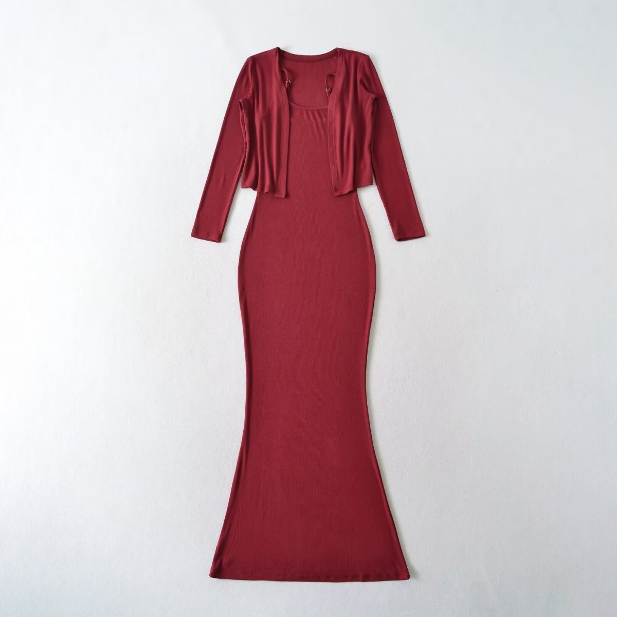 Women’s Fishtail Maxi Dress with Long Sleeve Cardigan: Elegant 2 - Piece Set - Sixin1