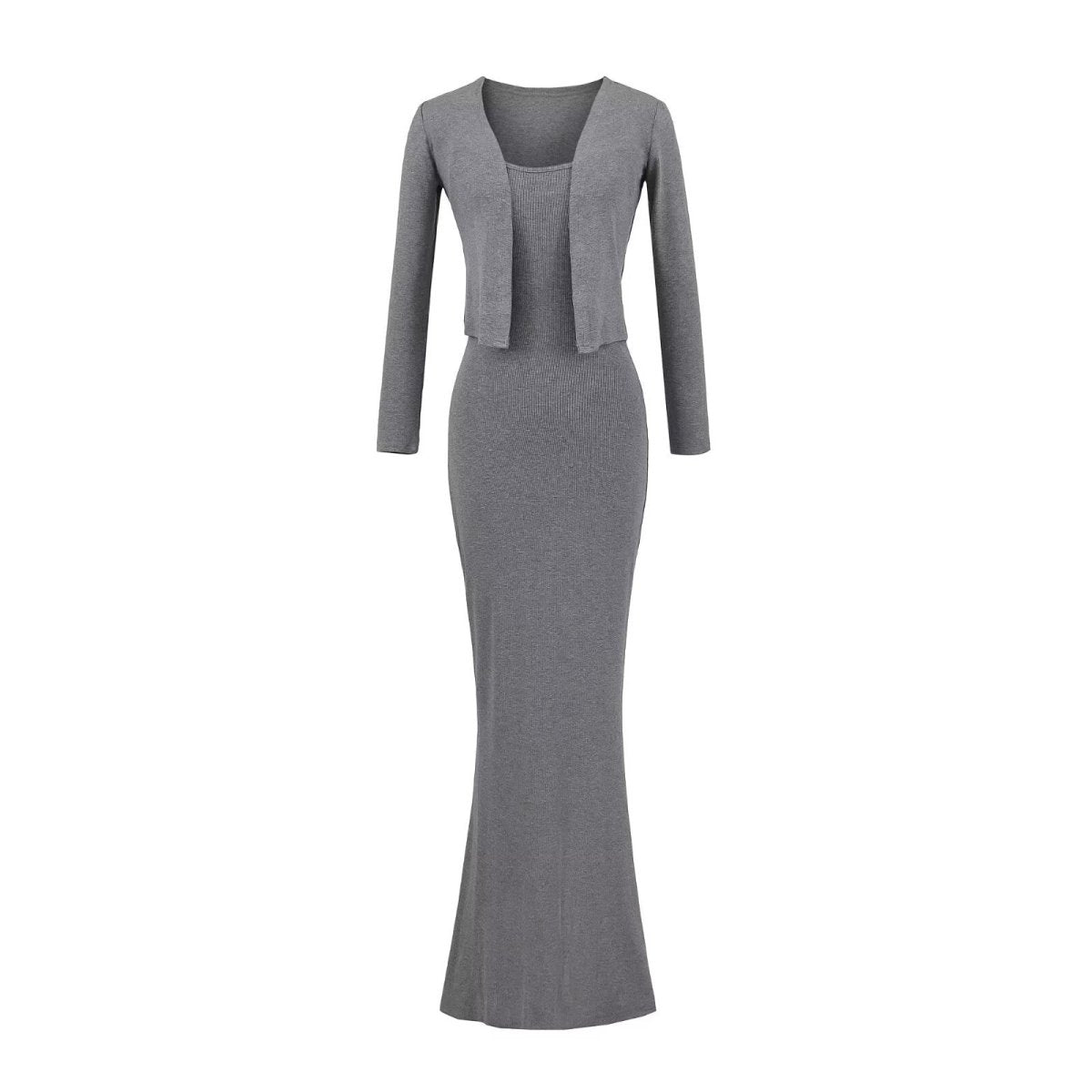 Women’s Fishtail Maxi Dress with Long Sleeve Cardigan: Elegant 2 - Piece Set - Sixin1