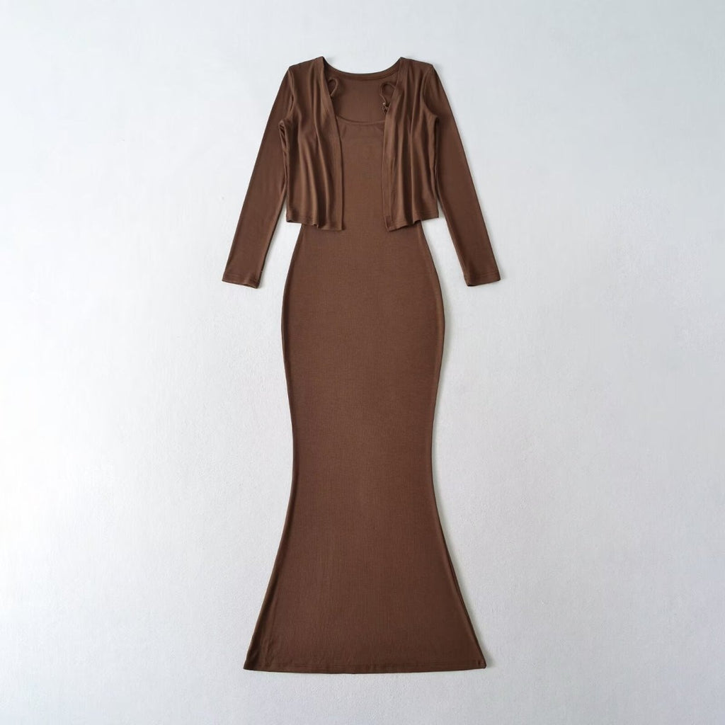Women’s Fishtail Maxi Dress with Long Sleeve Cardigan: Elegant 2 - Piece Set - Sixin1