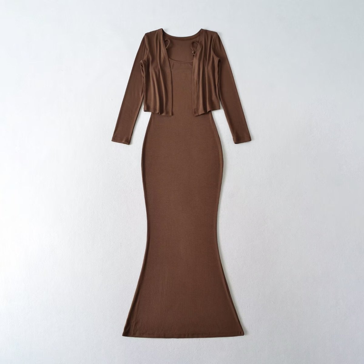 Women’s Fishtail Maxi Dress with Long Sleeve Cardigan: Elegant 2 - Piece Set - Sixin1