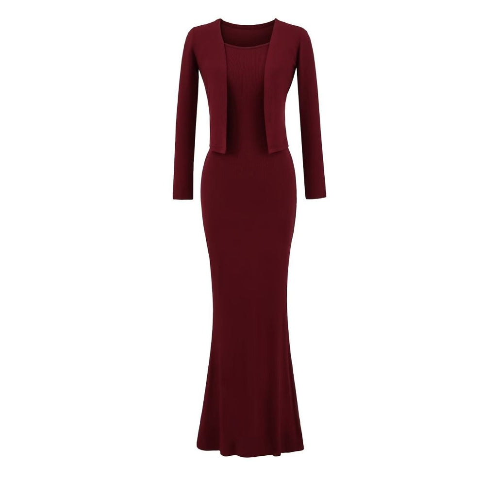 Women’s Fishtail Maxi Dress with Long Sleeve Cardigan: Elegant 2 - Piece Set - Sixin1
